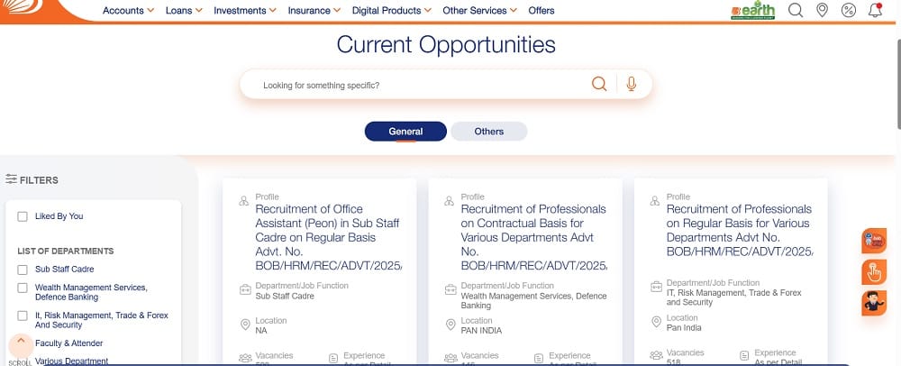 Current Opportunites Section BOB Recruitment 2025
