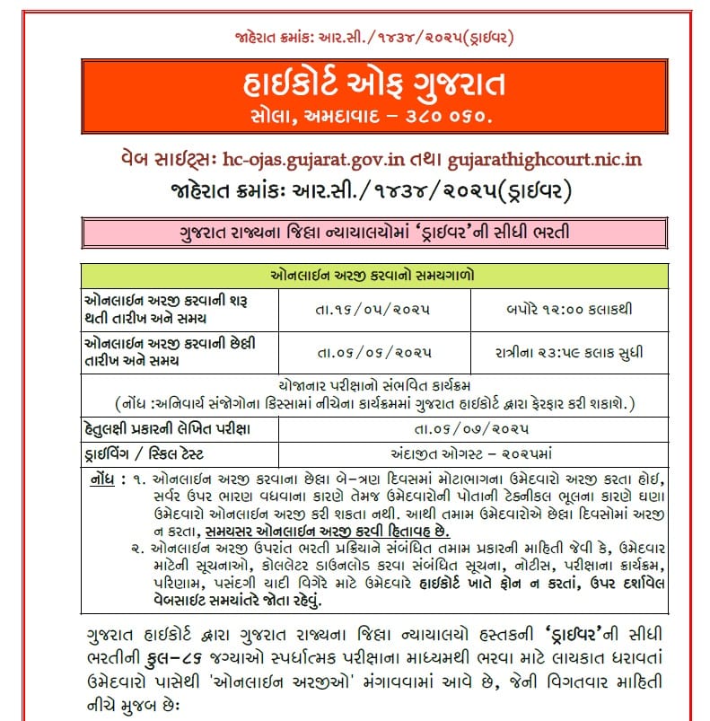 Gujarat High Court Driver Recruitment 2025 Notification