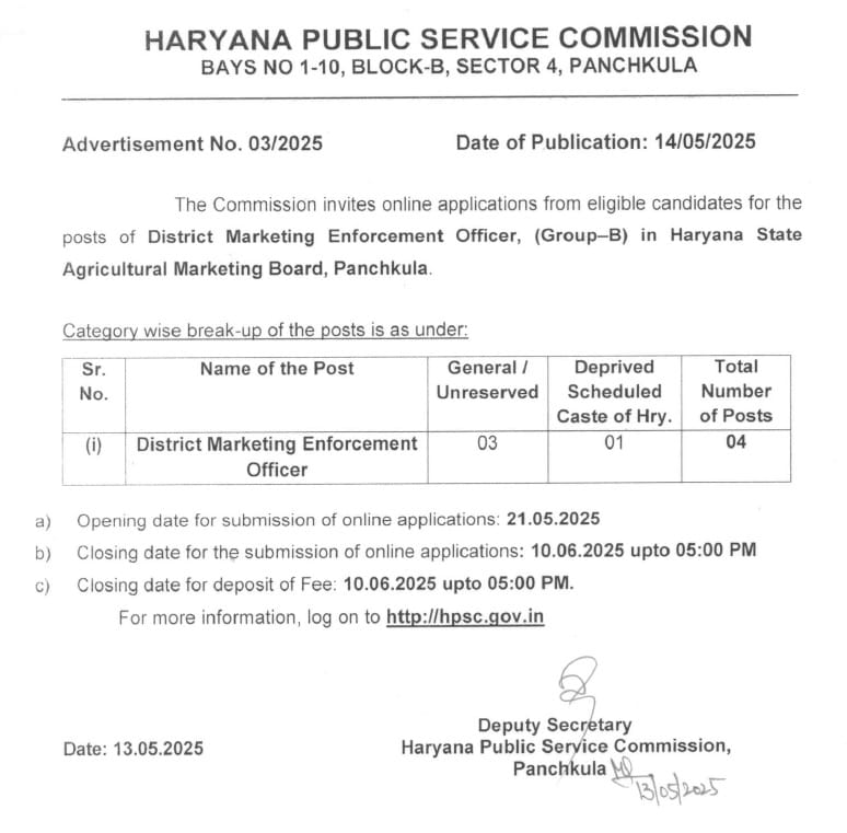 Haryana PSC District Marketing Enforcement Officer Recruitment 2025 Notification