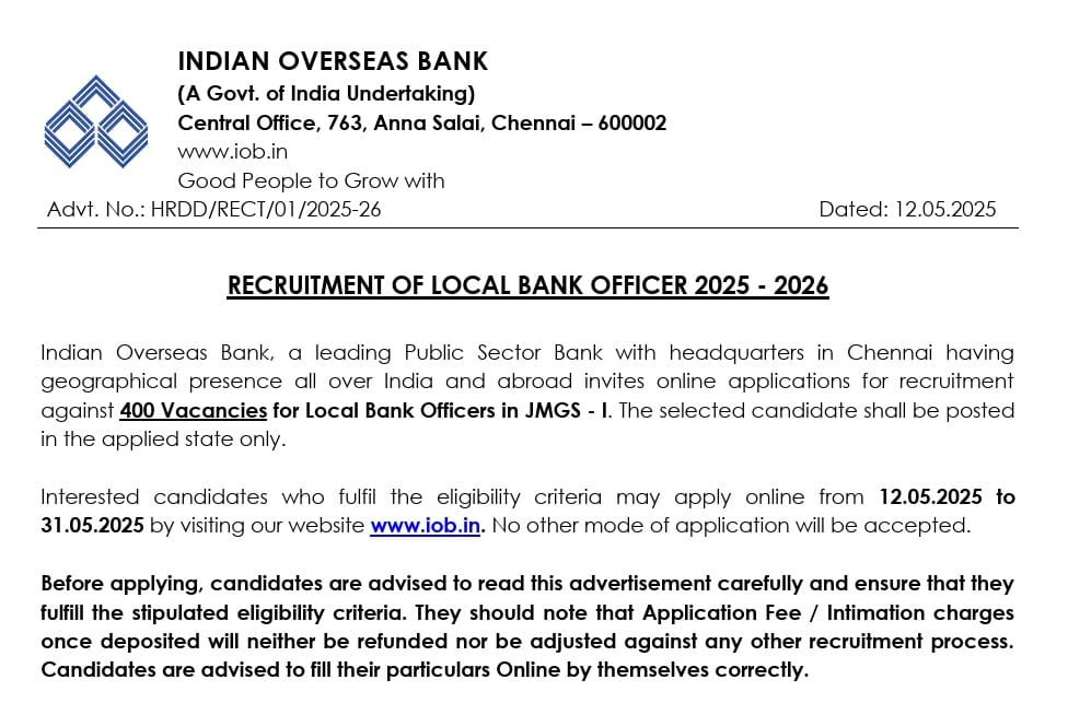 Indian Overseas Bank LBO Recruitment 2025 Notification