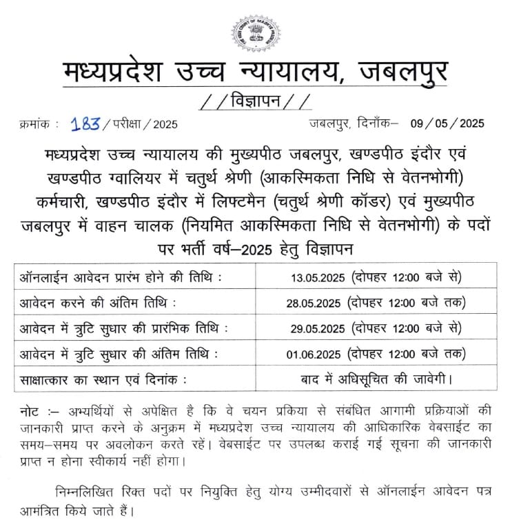 MP High Court Recruitment 2025 Notification