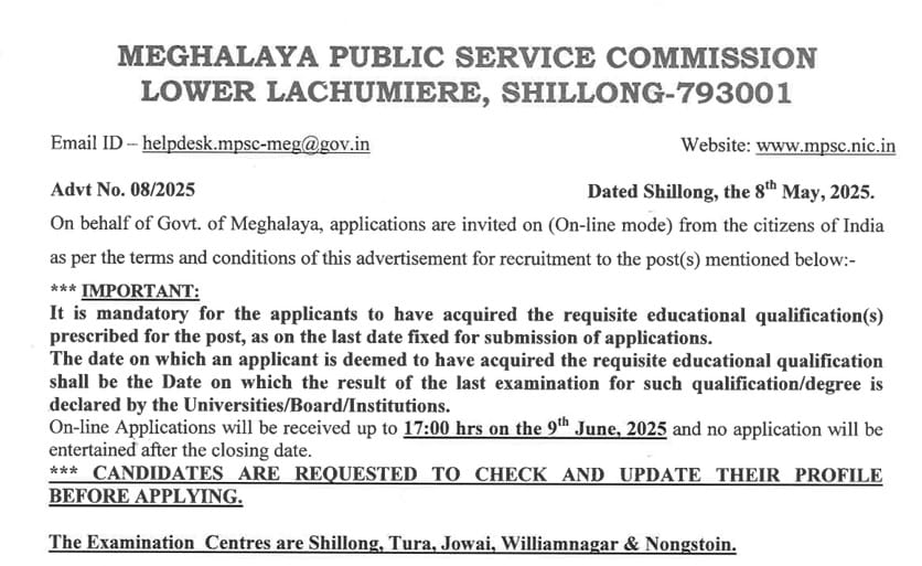 Meghalaya PSC Recruitment 2025 Notification