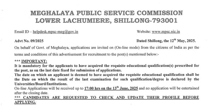 Meghalaya PSC Stenographer Recruitment 2025 Notification