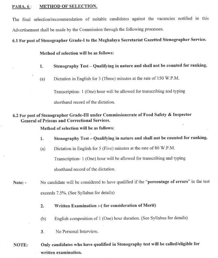 Meghalaya PSC Stenographer Recruitment 2025 Selection Process