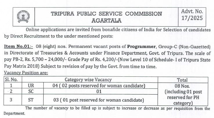 Tripura PSC Programmer Recruitment 2025 Notification